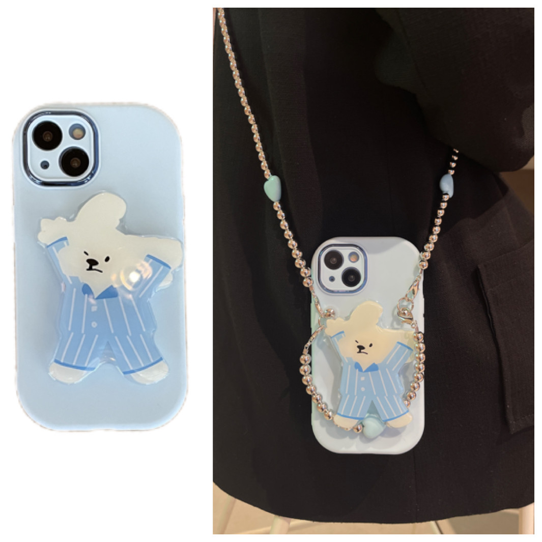 ins韩风可爱睡衣小熊支架手拎爱心链条适用于苹果15/16手机壳iphone14promax斜挎背带12软11小熊XS电镀蓝13