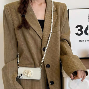 简约珍珠斜跨链条手机壳13斜挎17iPhone15promax16透明四角开孔适用苹果14背带华为pura70软12高级11