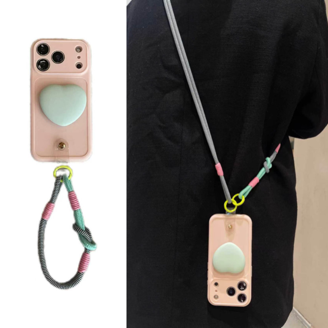 夏日ins少女奶粉撞色绿爱心支架手拎短绳适用于苹果17手机壳Iphone16promax斜挎绳15软14/13套12