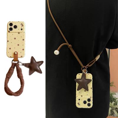 ins韩系小众星星皮质吊坠手拎短绳适用于苹果17手机壳iphone16promax斜挎绳15软14/13套12