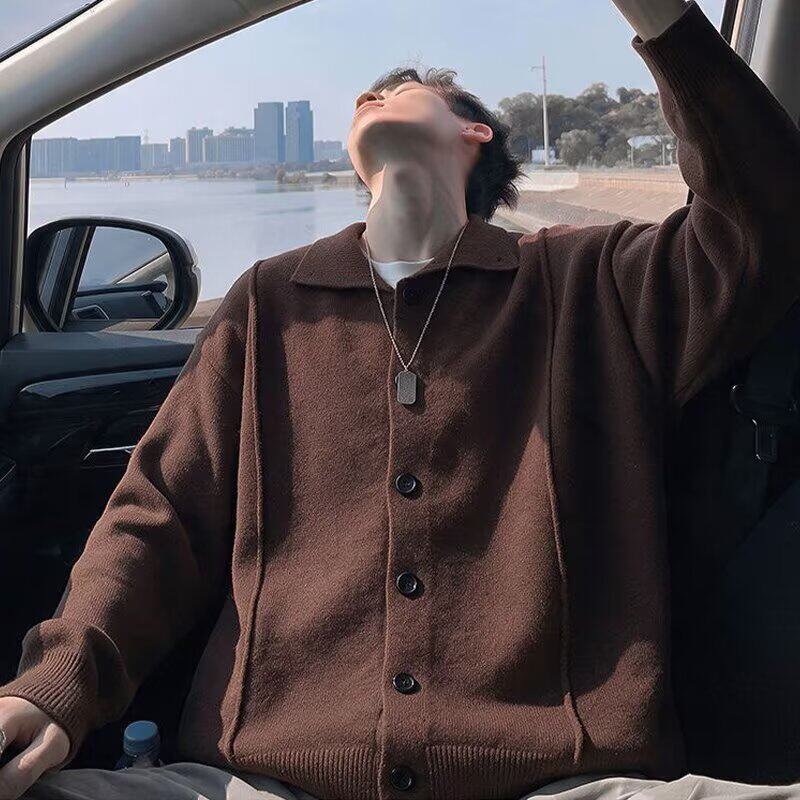 高端老钱风翻领开衫毛衣男士秋冬新款加厚美式宽松休闲针织衫外套