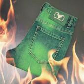 高端轻奢水鬼绿色潮牌翡翠绿弹力牛仔裤 直筒长裤 男冬厚款 加绒修身