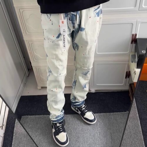 网红同款Pur泼墨涂鸦牛仔裤高街vibe美式嘻哈破洞修身直筒长裤潮