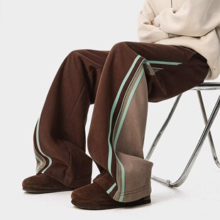 美式纯棉高品质条纹拼接弯刀休闲卫裤男女春秋季运动裤直筒长裤子