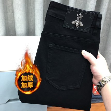 高端纯黑色牛仔裤男秋冬季加绒韩版潮牌修身小脚弹力百搭休闲裤男