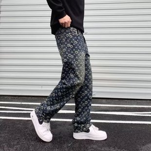 美式高街牛仔裤男秋冬新款休闲宽松直筒阔腿裤欧美风潮牌满印裤子
