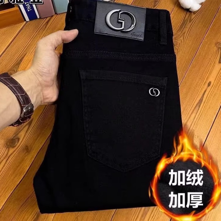 黑色牛仔裤男加绒加厚潮牌高级感修身弹力小脚高端轻奢冬款长裤子