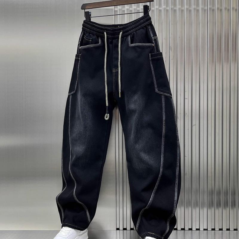 高端牛仔裤男春秋潮牌弯刀裤美式宽松休闲抽绳水洗复古直筒工装裤