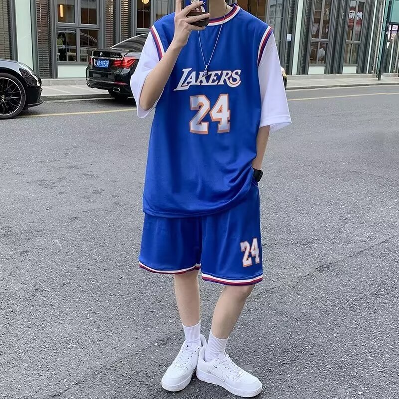 24号假两件男跑步五分短裤篮球服短袖套装夏季网眼两件套学生班服
