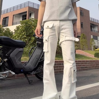 美式高街vibe白色绑带微喇工装牛仔男女cleanfit修身显高弹力长裤
