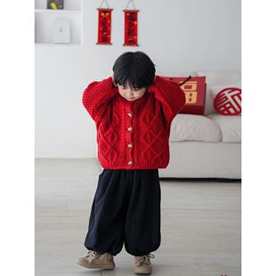 红色毛衣男童韩版拜年服圆领外套女宝炸街粗线麻花针织开衫