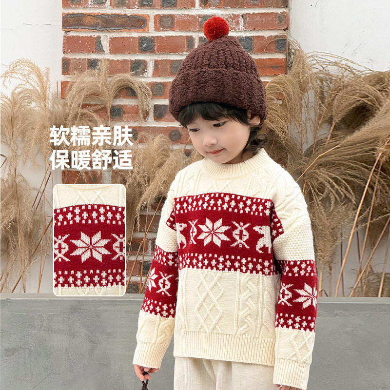 男女童毛衣秋冬款冬季针织衫圣诞上衣新款提花雪花小鹿毛线衣