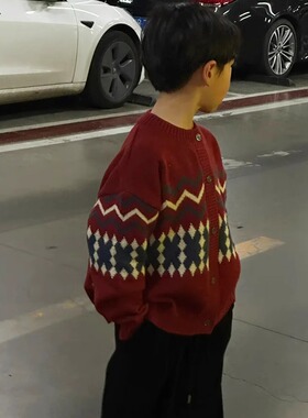 男女童红色毛衣外套秋冬季装新款中大儿童波浪纹拜年服针织衫上衣