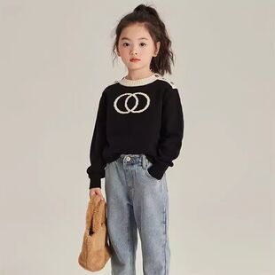 女童韩版针织上衣新款儿童秋冬百搭宝宝气质提花黑色套头毛衣