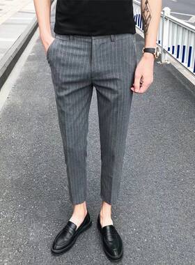 春夏季韩版条纹修身帅气英伦西裤小脚九分裤男长裤子潮流发型师裤