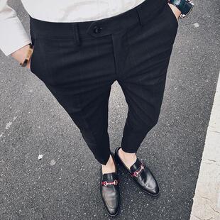 春装新款男士英伦风格子修身休闲九分裤男青年韩版小脚裤潮男裤
