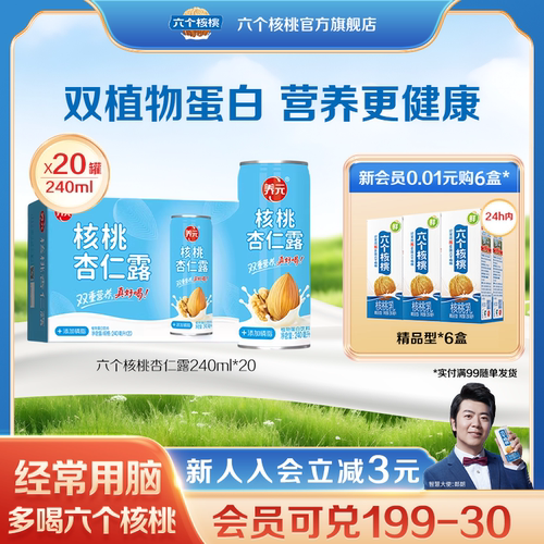 六个核桃杏仁露240ml*20罐植物蛋白饮料添加磷脂型核桃乳核桃露