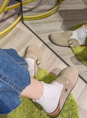 情侣款真皮包头勃肯鞋女男女同款懒人外穿半拖鞋大码44码小码33码