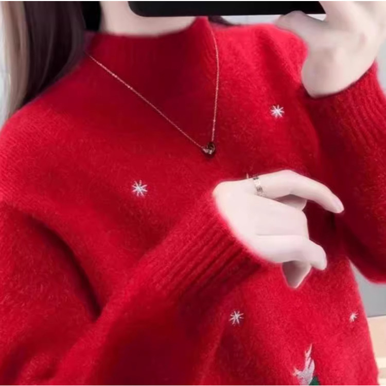 秋冬外穿加厚半高领圣诞麋鹿雪花刺绣毛衣女小个子打底针织衫上衣