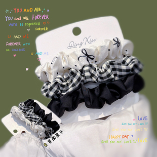 幽暗仪式可爱「黑巧蝴蝶结」黑格子小肠圈百搭学院风复古头绳秋冬