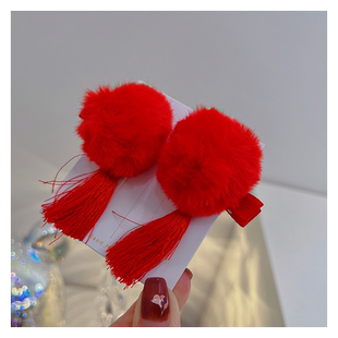 喜悦红「糖糖圆圆」小毛球发夹一对古风国潮流苏发饰女孩发卡头饰