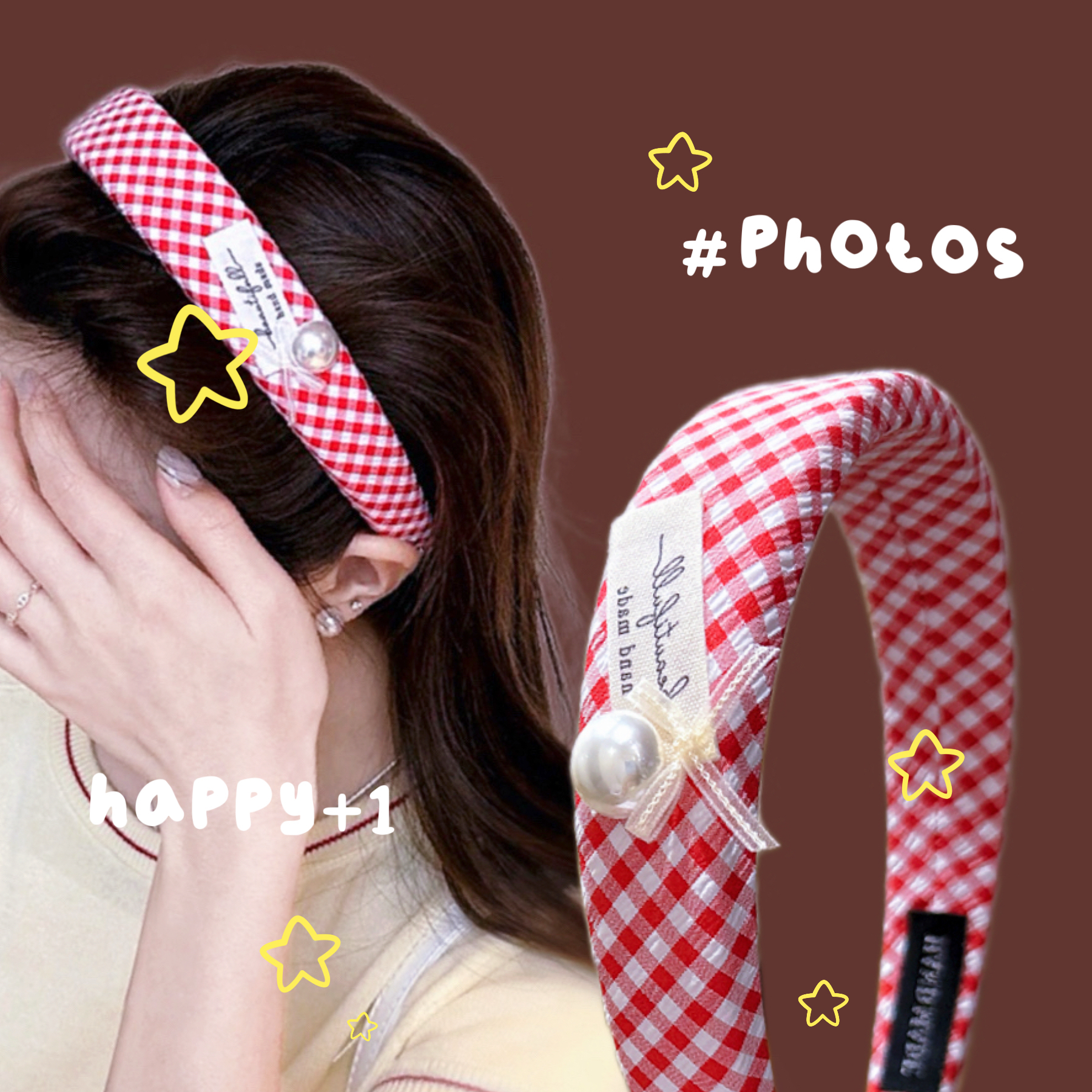 新少女「元气樱红」赫本格子发箍 甜美气质咖啡厅C位仙女穿搭发饰