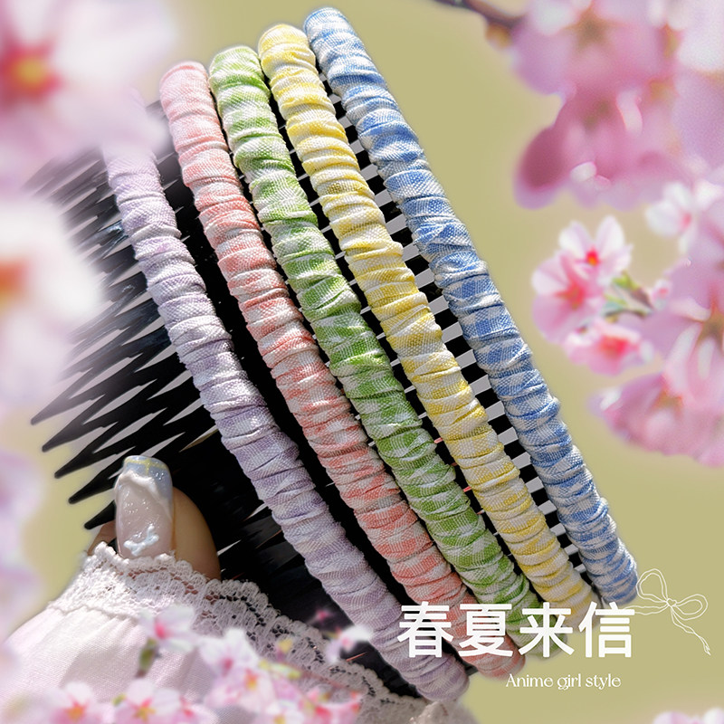 春夏来信格子布艺发梳粉蓝绿紫清新刘海梳 少女心碎发整理插梳5个