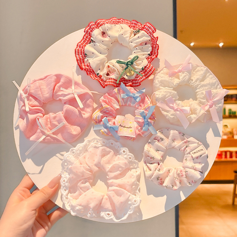 韩系甜美粉色蕾丝蝴蝶结大肠发圈