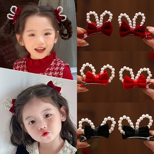 儿童红色丝绒蝴蝶结发夹可爱兔耳顶夹女童中国风新年喜庆发卡头饰