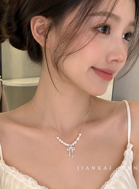 法式蝴蝶结仿珍珠项链女士高级感
