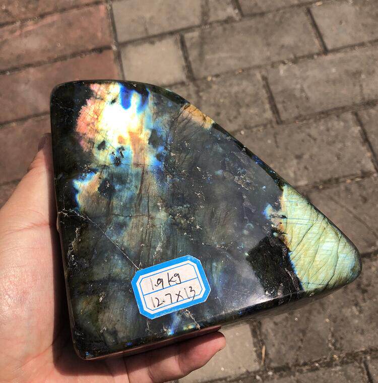 1.9公斤天然拉长石月光石蓝黄紫彩光原石打磨观赏石家居客厅桌面