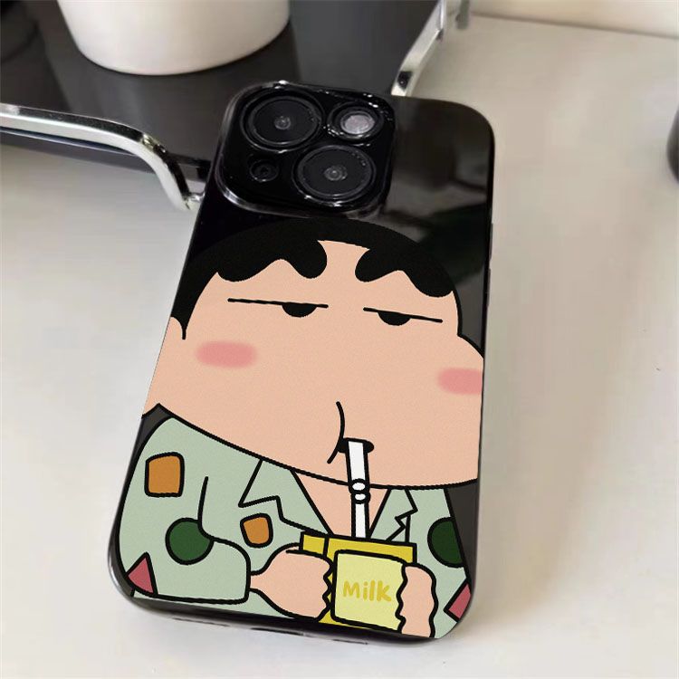可爱蜡笔小新适用苹果14Promax光面手机壳iPhone11直边6s/7/8plus卡通12软套xsmax情侣款xr日韩13pro亮面黑壳