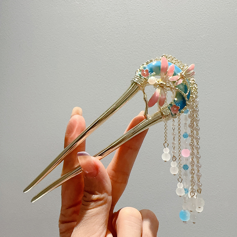 新中式蜻蜓流苏u型发簪国风钗子女汉服簪子旗袍古风盘发发钗头饰