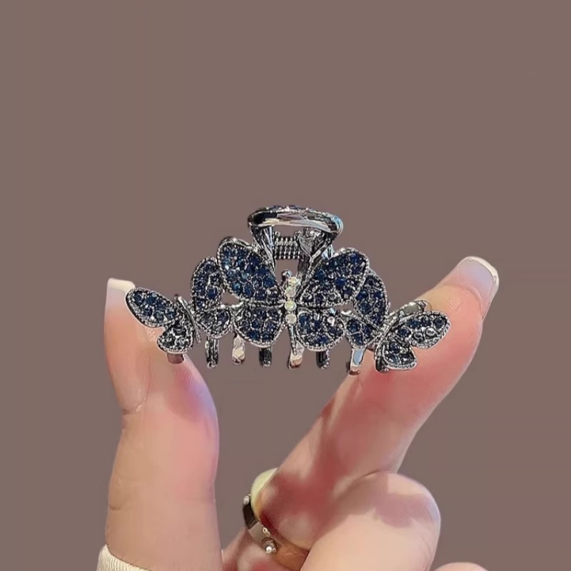 蝴蝶抓夹中号精致半扎发夹女高级感后蓝色水钻脑勺盘发鲨鱼夹发卡