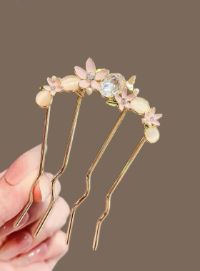 高级感新款插梳后脑勺盘发U型簪子发钗精致猫眼粉花波浪发梳女