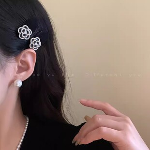 刘海夹花朵头饰发饰2024新款小香风珍珠山茶花发夹女精致侧边短发