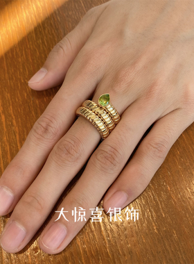 天然橄榄石925银镀18k金轻奢复古高级感重工蛇中指食指戒指