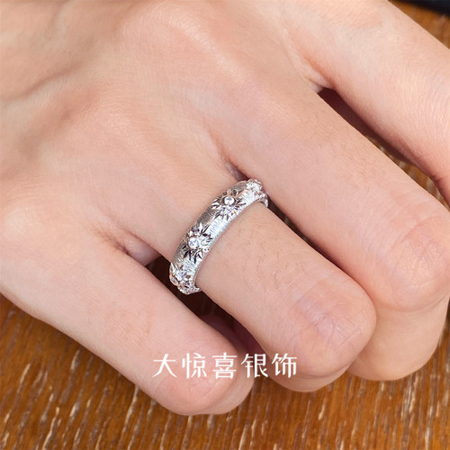 通体925纯银镀18k白金星芒拉丝戒指女轻奢高级感复古小众老钱风