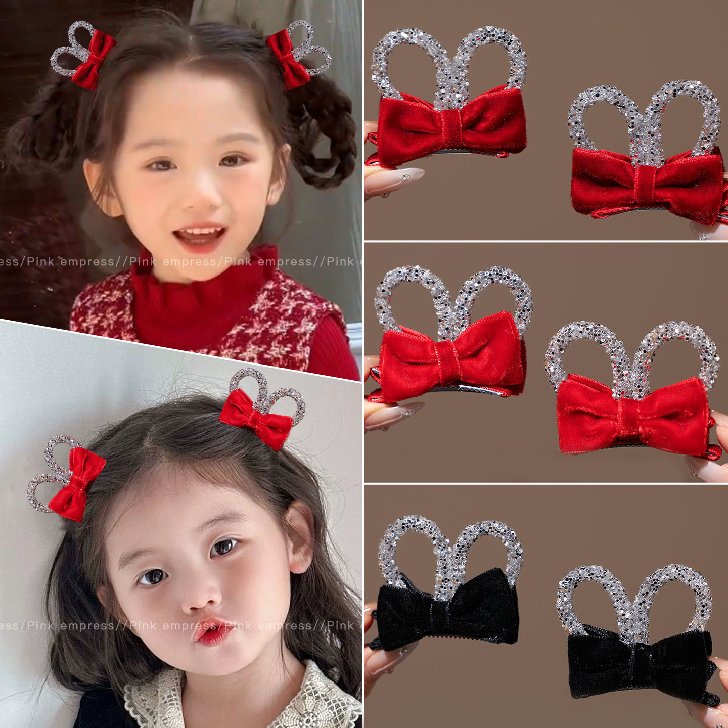 儿童过年红色兔耳朵蝴蝶结发夹小女孩秋冬丝绒刘海夹对夹新年头饰