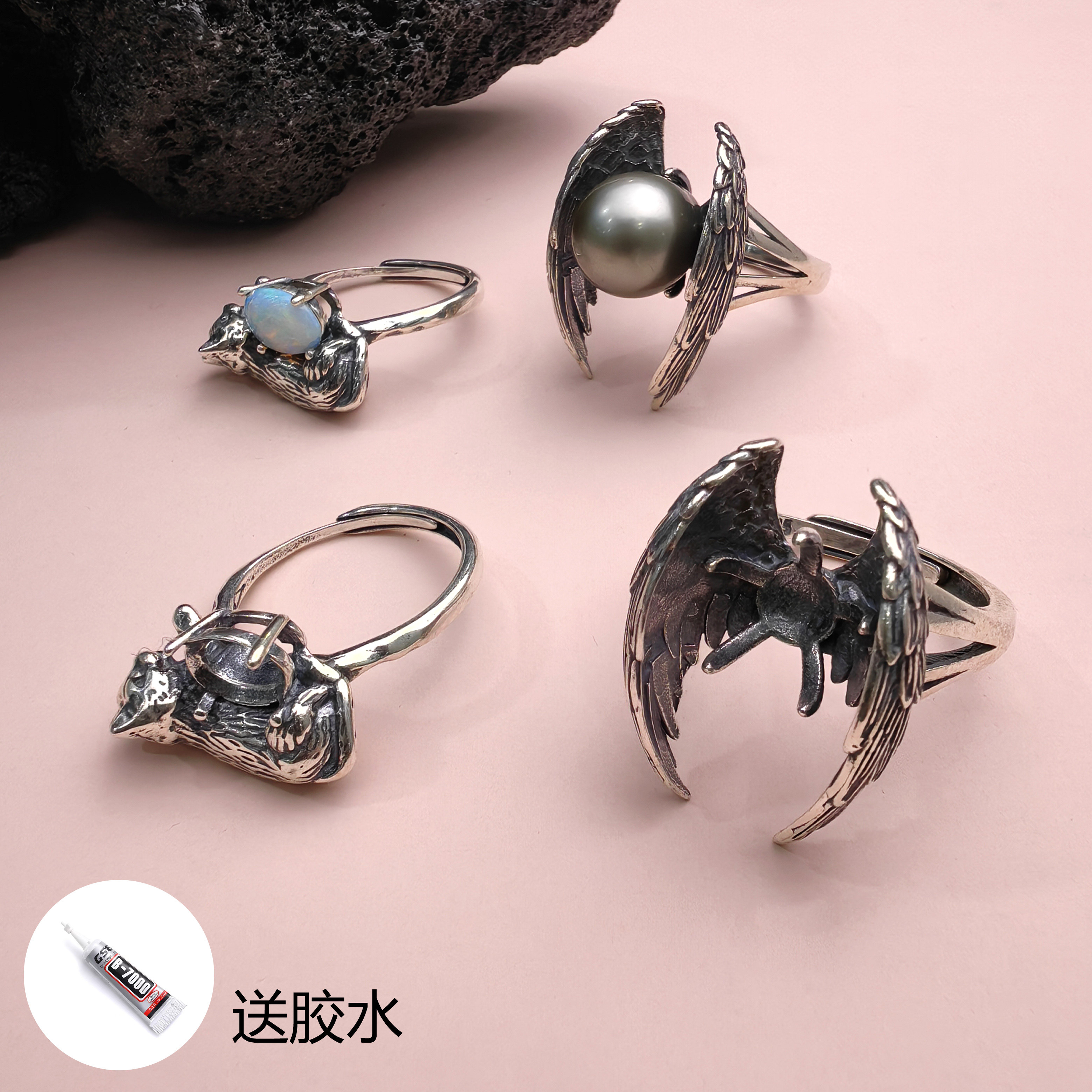 通体925纯银空托做旧戒指猫咪翅膀空托珍珠蛋面戒指中古戒面改造