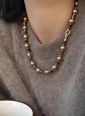 珍珠毛衣链虎眼石混彩施家珍珠毛衣链复古轻奢小众高级感生日礼物