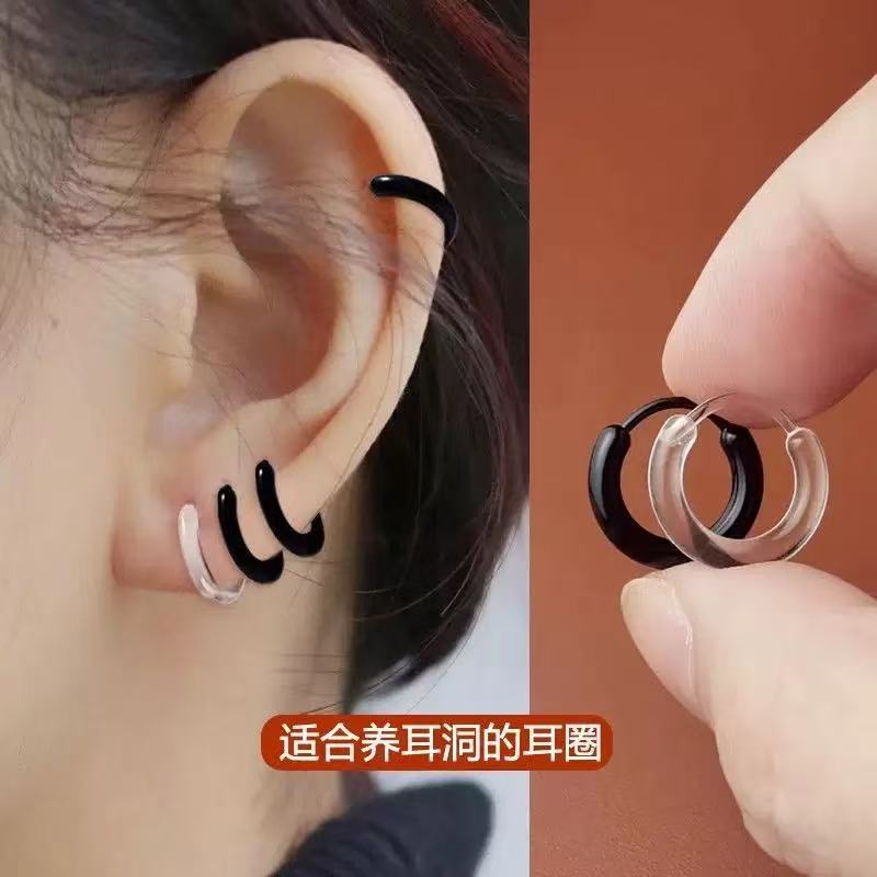 黑色透明树脂耳环养耳洞简约耳骨环睡觉免摘塑料针耳饰树脂