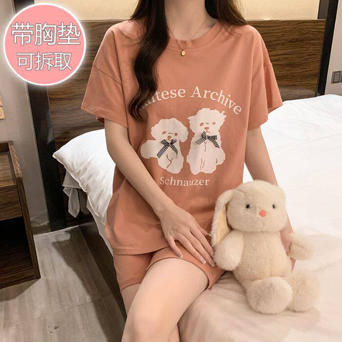 睡衣女胖MM新款纯棉甜美卡通圆领带胸垫短袖短裤加大码家居服套装