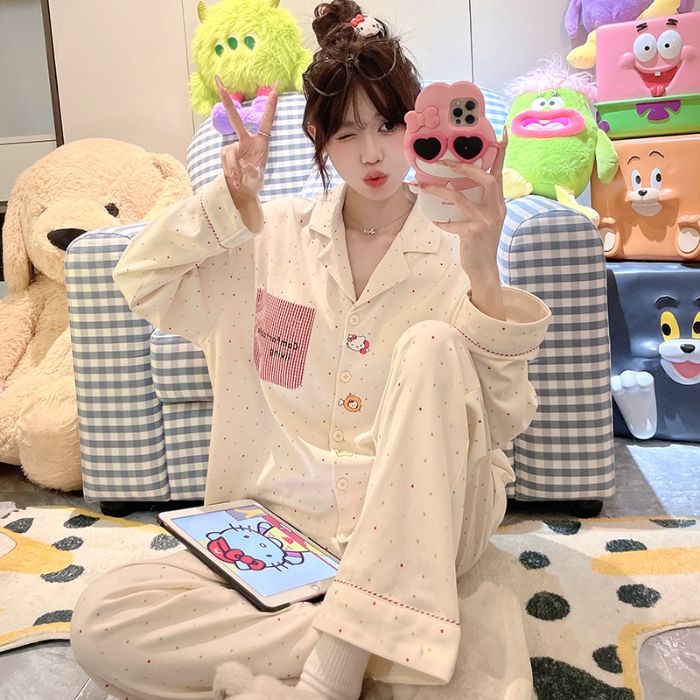 睡衣女秋春季新款韩版翻领开衫长袖长裤甜美可爱少女家居服套装
