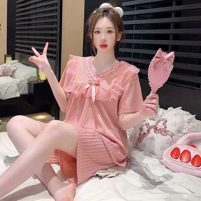 夏季甜美提花蕾丝加大码睡衣套装