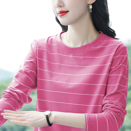 春季纯棉长袖t恤女装2026年新款秋装宽松条纹打底衫妈妈大码上衣