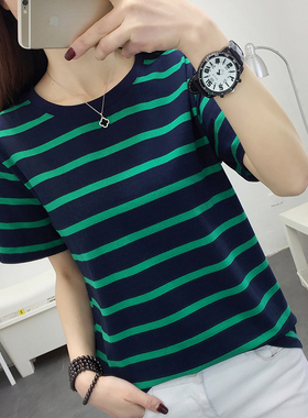 夏季大码女装宽松遮肚子短袖t恤女士纯棉半袖体恤妈妈条纹上衣服