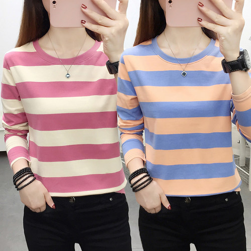 纯棉长袖T恤宽松遮肚子显瘦条纹