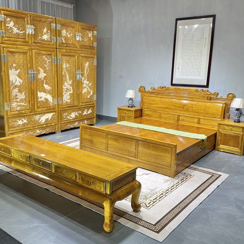 金丝楠木新中式全实木床铺1.8米仿古红木床双人卧室2米红木大床明