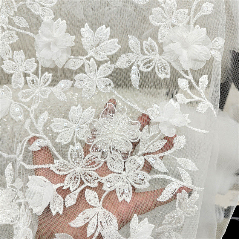 新款豪华立体花手工DIY蕾丝布面料婚纱礼服头纱旗袍汉服白色清仓